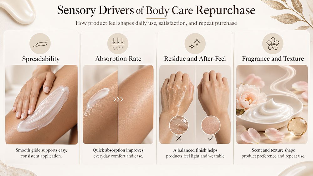 Sensory drivers of body skincare repurchase showing spreadability, absorption rate, residue, after-feel, fragrance, and texture.