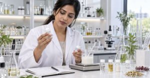Beaucience R&D formulator evaluating skincare actives for balanced performance