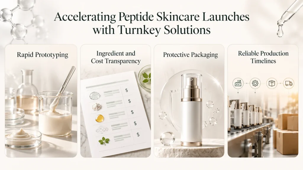 Peptide skincare development covering prototyping, ingredient transparency, packaging and manufacturing.