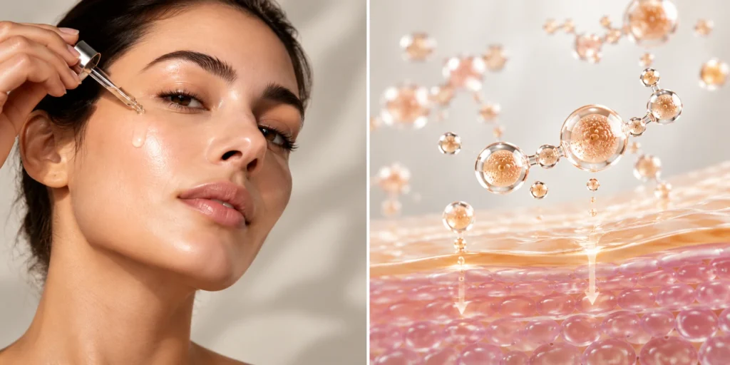 Peptide delivery systems illustrating serum application and skin barrier penetration.