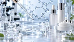 Peptide skincare formulation research with laboratory equipment and cosmetic products.