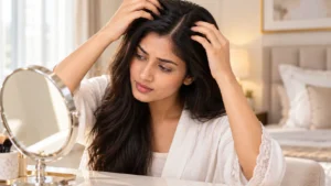 Indian woman examining her scalp for targeted scalp care formulation.