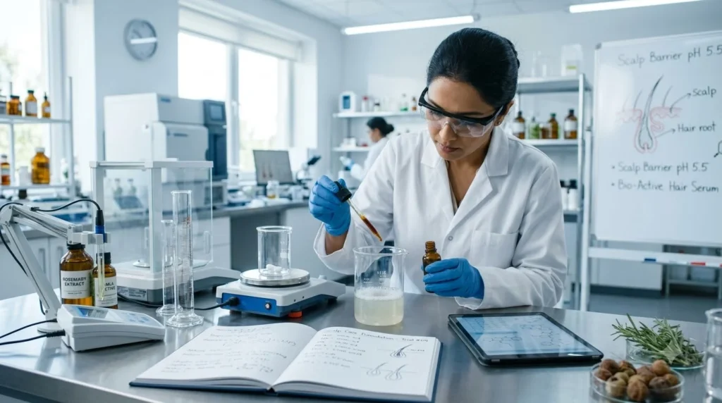 Indian cosmetic scientist developing scalp care formulation in laboratory.