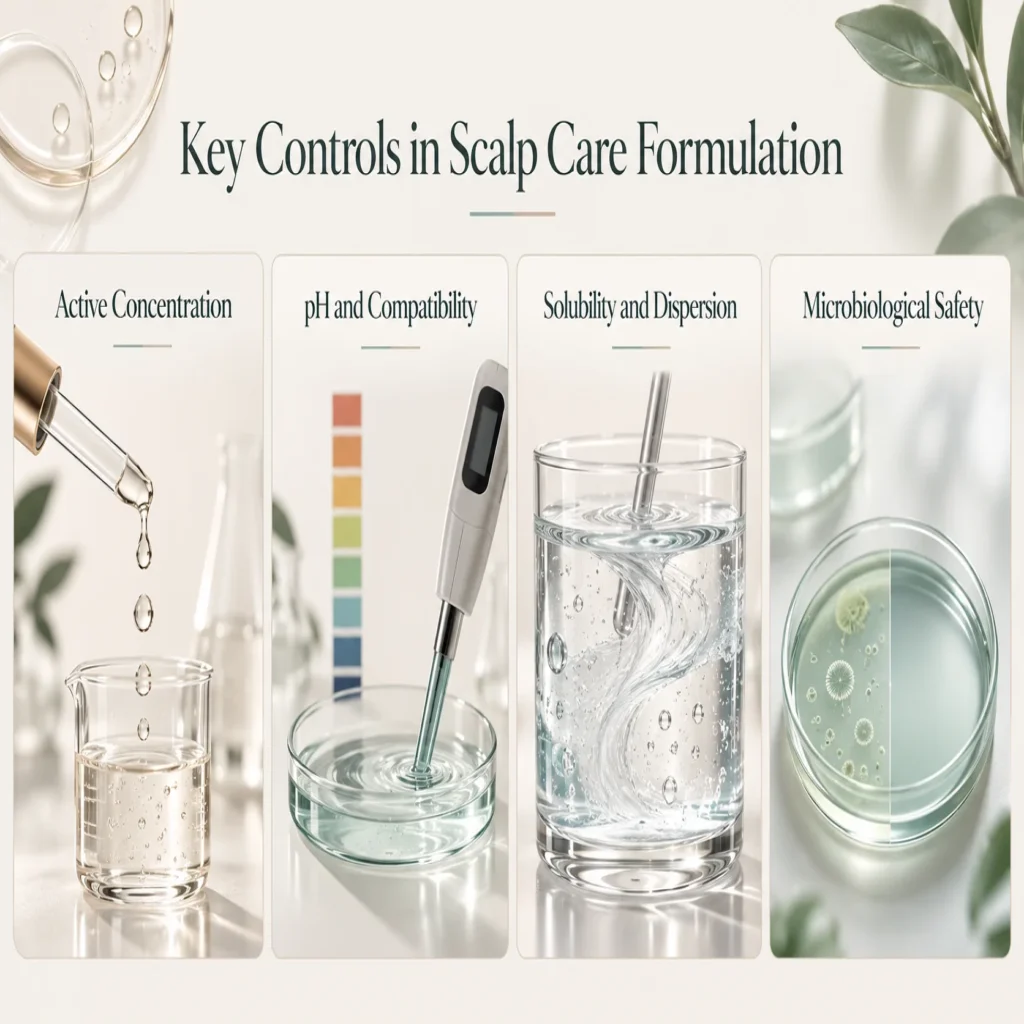 Infographic illustrating four scientific controls for effective scalp care formulation.
