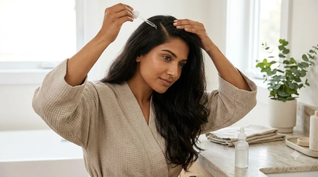 Indian woman applying scalp serum formulation directly onto hair parting.
