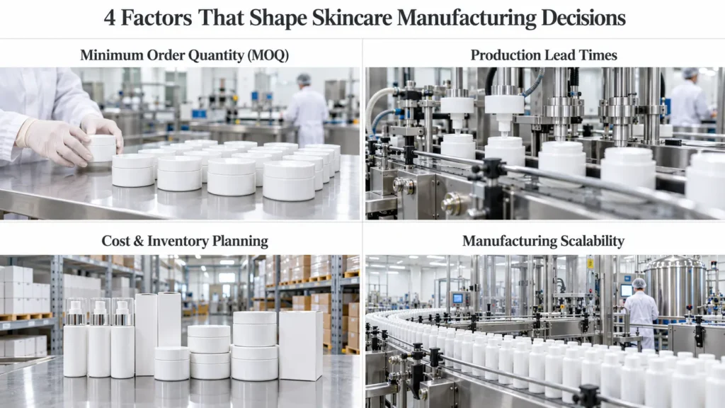 Skincare contract manufacturer infographic showing MOQ, production timelines, inventory, scalability.
