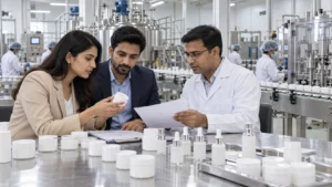 Skincare contract manufacturer reviewing product quality and production documentation.