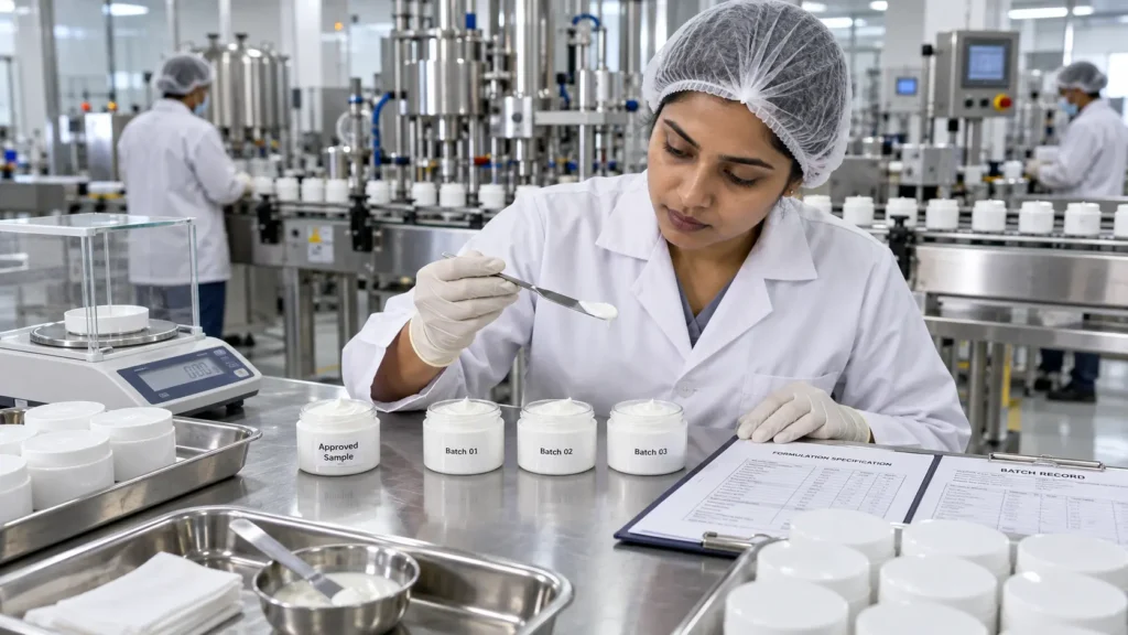 Skincare contract manufacturer inspecting cream samples for consistent production quality.